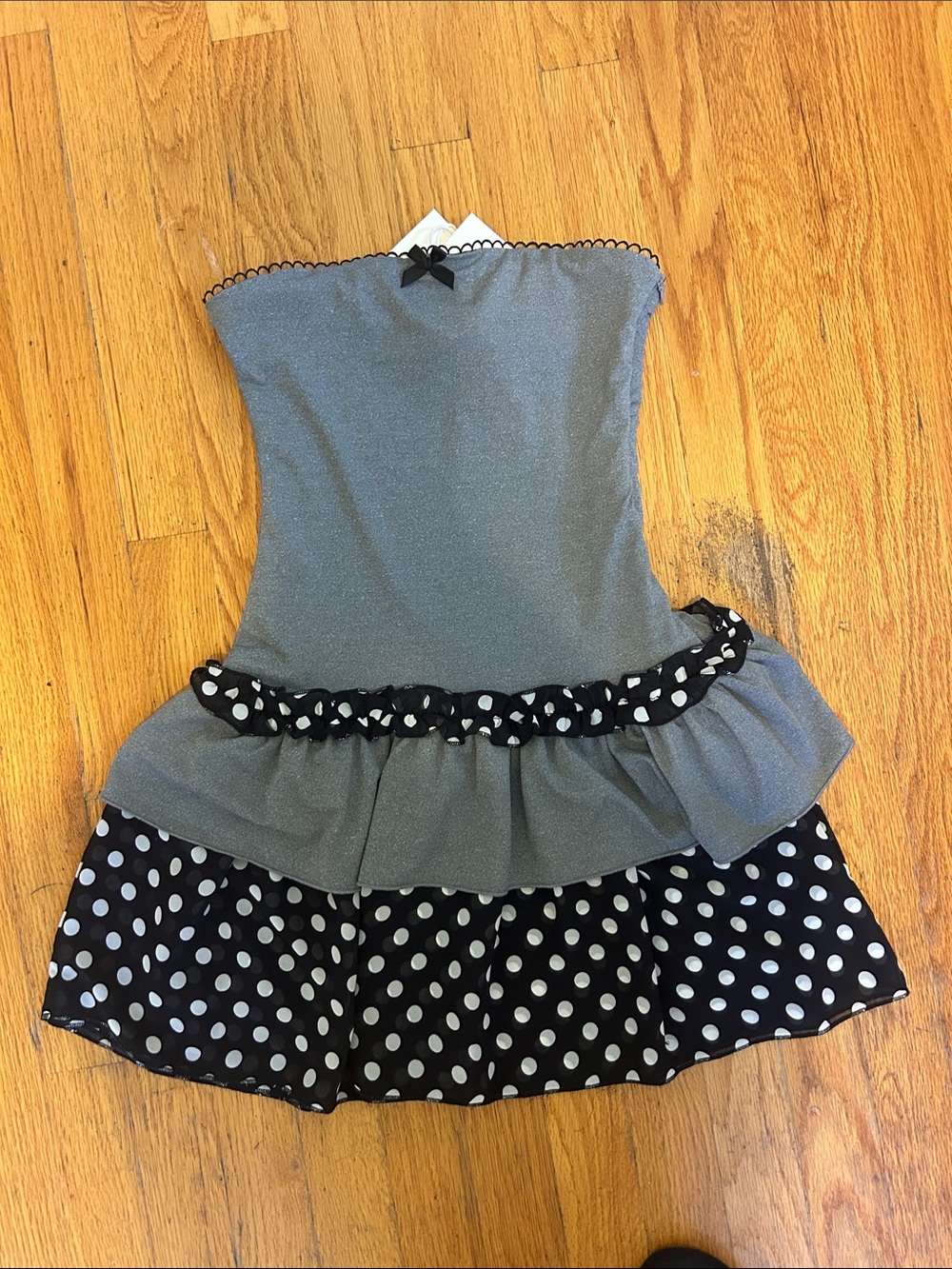 Peppermayo Gray Strapless Mini Dress with Black & White Polka Dot Skirt